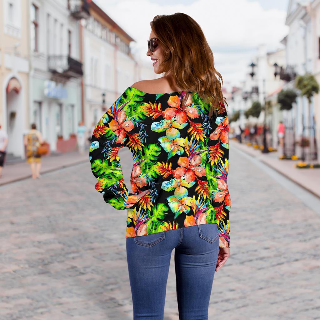 Tropical Hawaii Flowers Pattern Print Off Shoulder Sweatshirt GearFrost