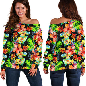 Tropical Hawaii Flowers Pattern Print Off Shoulder Sweatshirt GearFrost