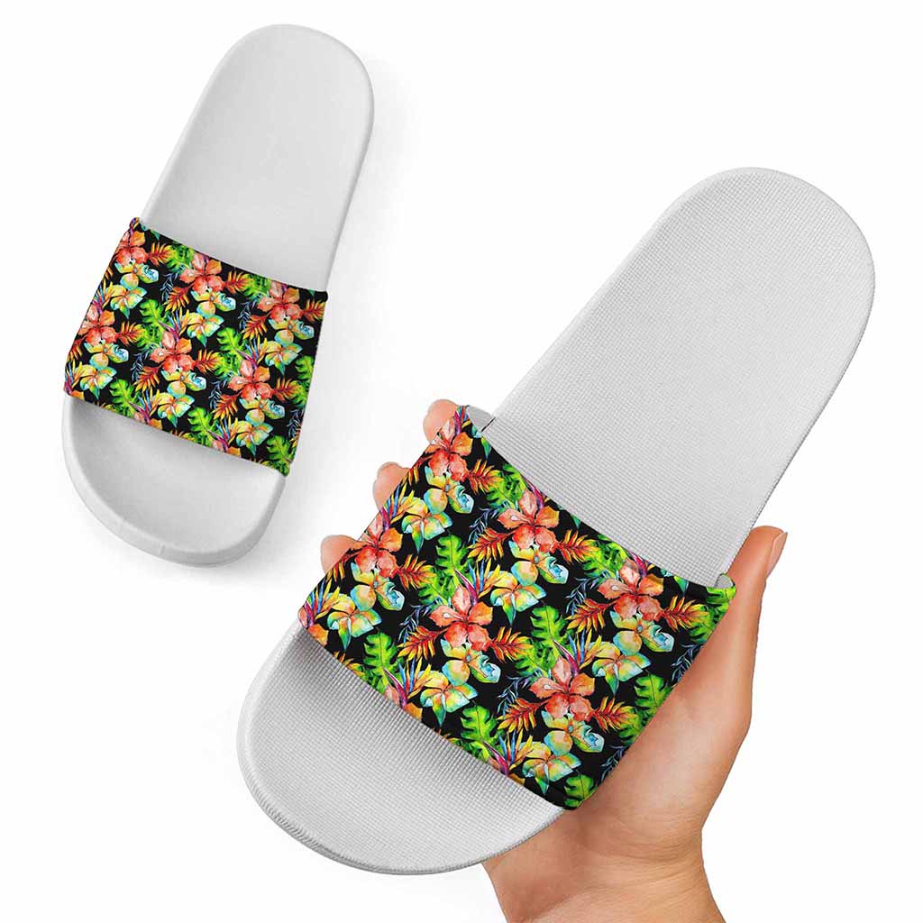 Tropical Hawaii Flowers Pattern Print White Slide Sandals