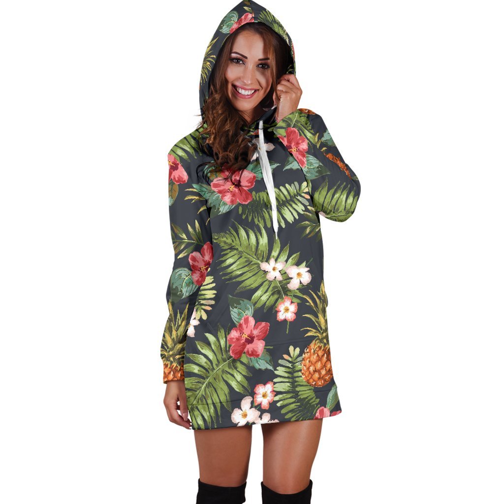 Tropical Hawaii Pineapple Pattern Print Hoodie Dress GearFrost