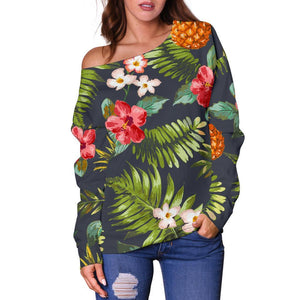 Tropical Hawaii Pineapple Pattern Print Off Shoulder Sweatshirt GearFrost