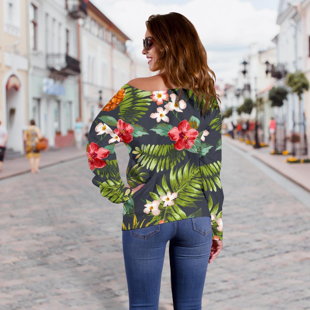 Tropical Hawaii Pineapple Pattern Print Off Shoulder Sweatshirt GearFrost