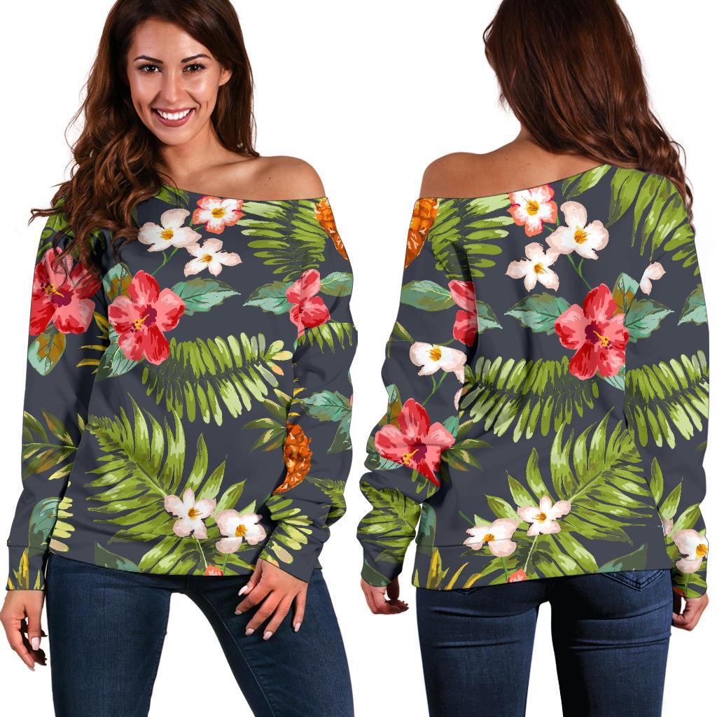 Tropical Hawaii Pineapple Pattern Print Off Shoulder Sweatshirt GearFrost