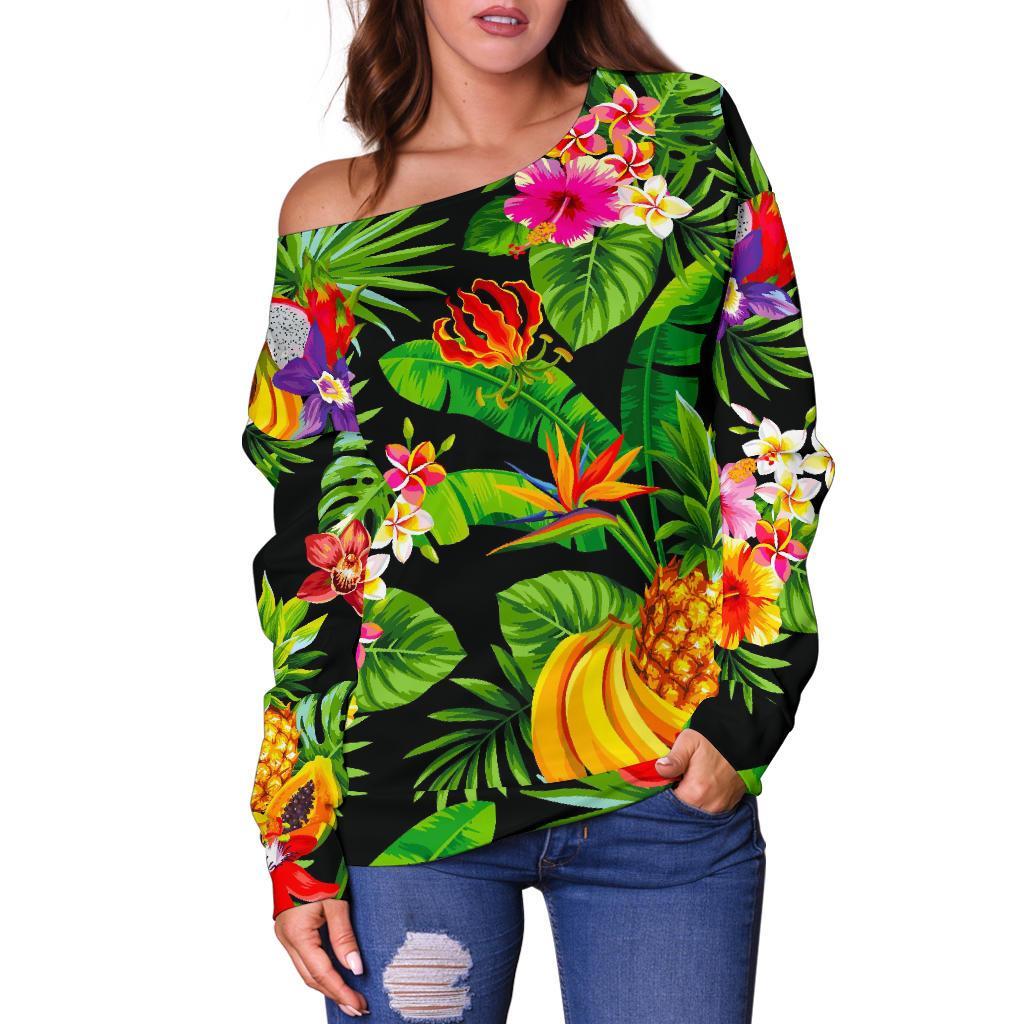 Tropical Hawaiian Fruits Pattern Print Off Shoulder Sweatshirt GearFrost