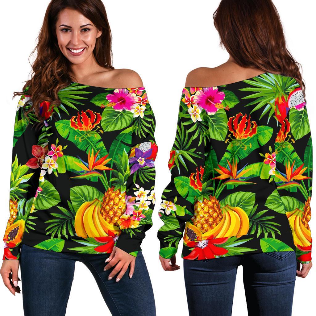 Tropical Hawaiian Fruits Pattern Print Off Shoulder Sweatshirt GearFrost