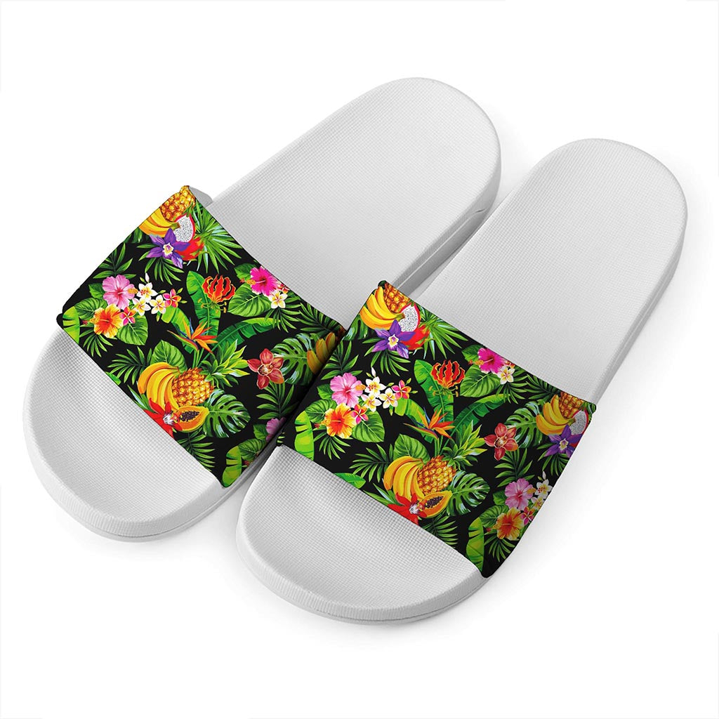 Tropical Hawaiian Fruits Pattern Print White Slide Sandals
