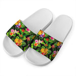 Tropical Hawaiian Fruits Pattern Print White Slide Sandals