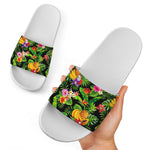 Tropical Hawaiian Fruits Pattern Print White Slide Sandals