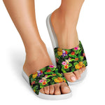 Tropical Hawaiian Fruits Pattern Print White Slide Sandals