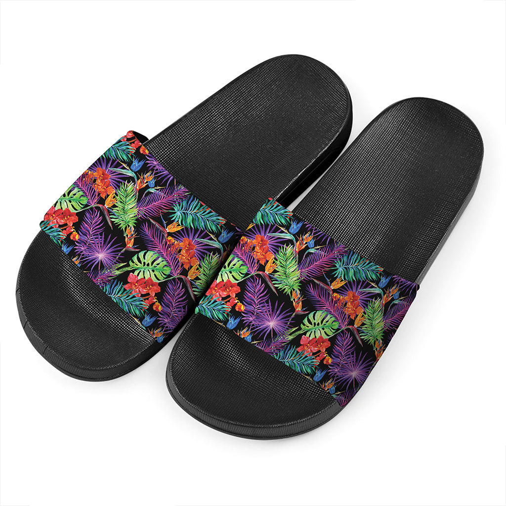 Tropical Hawaiian Jungle Print Black Slide Sandals