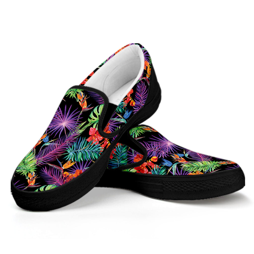 Tropical Hawaiian Jungle Print Black Slip On Shoes