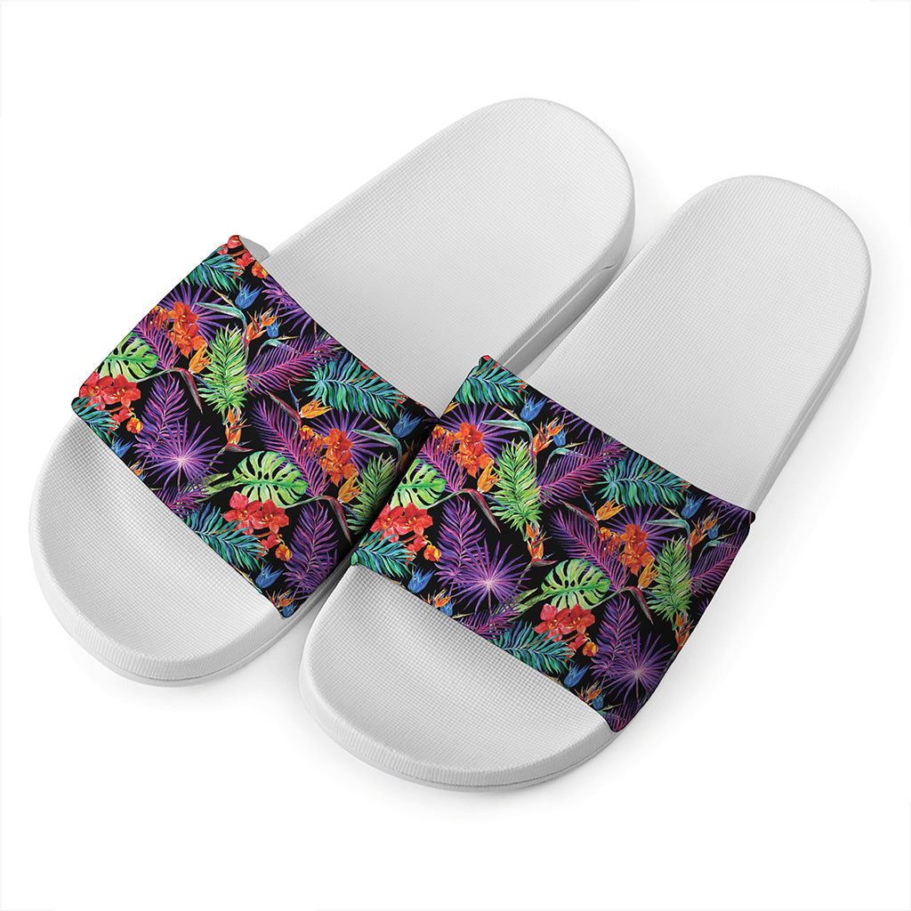 Tropical Hawaiian Jungle Print White Slide Sandals