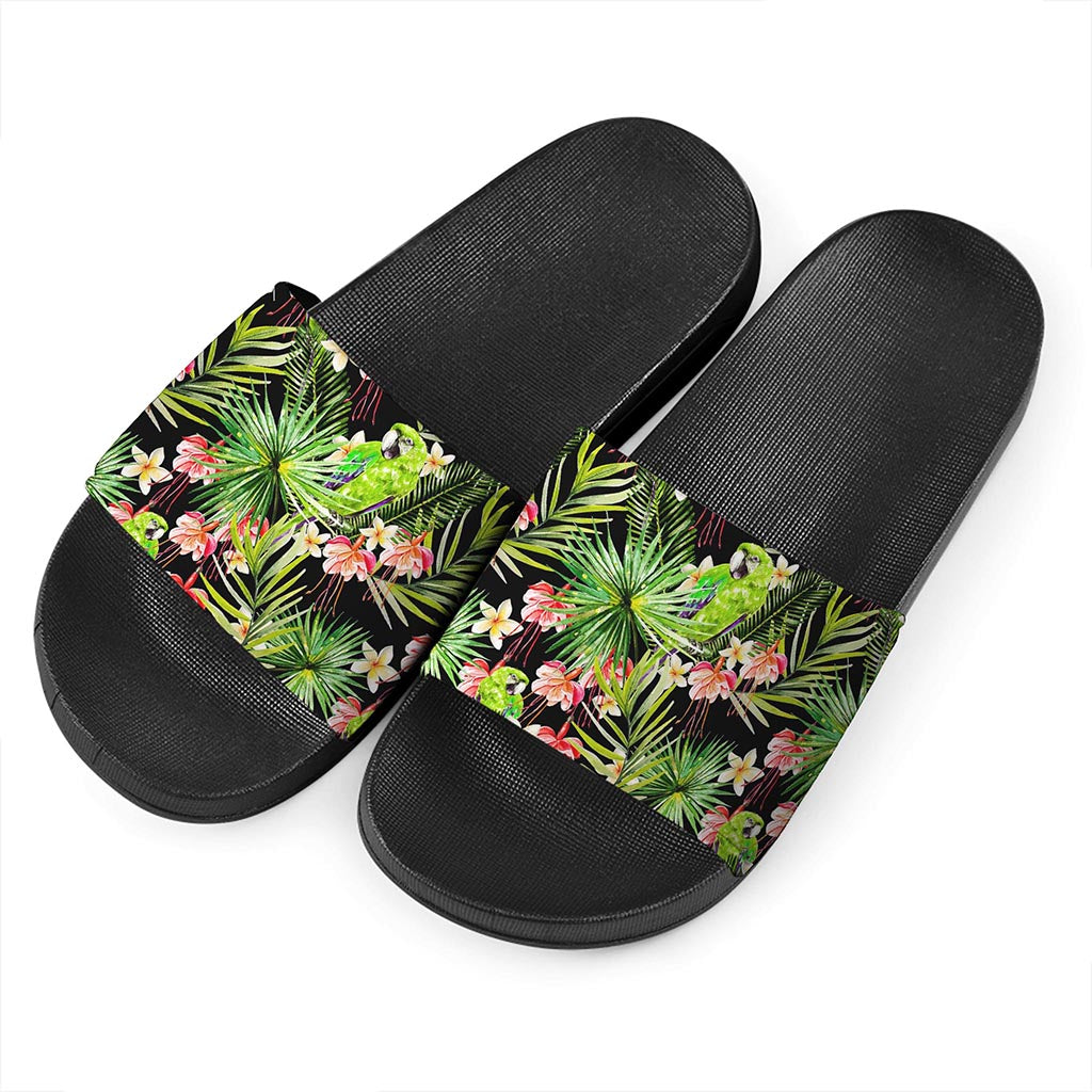Tropical Hawaiian Parrot Pattern Print Black Slide Sandals
