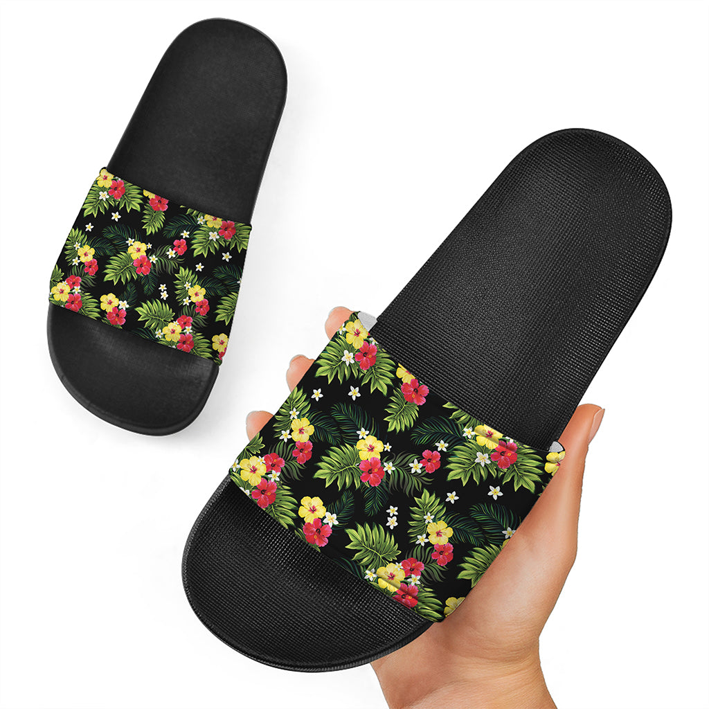 Tropical Hibiscus Aloha Pattern Print Black Slide Sandals