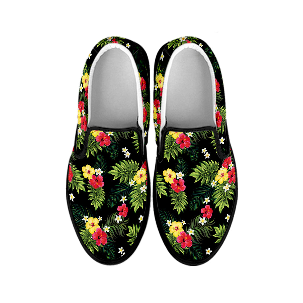Tropical Hibiscus Aloha Pattern Print Black Slip On Shoes