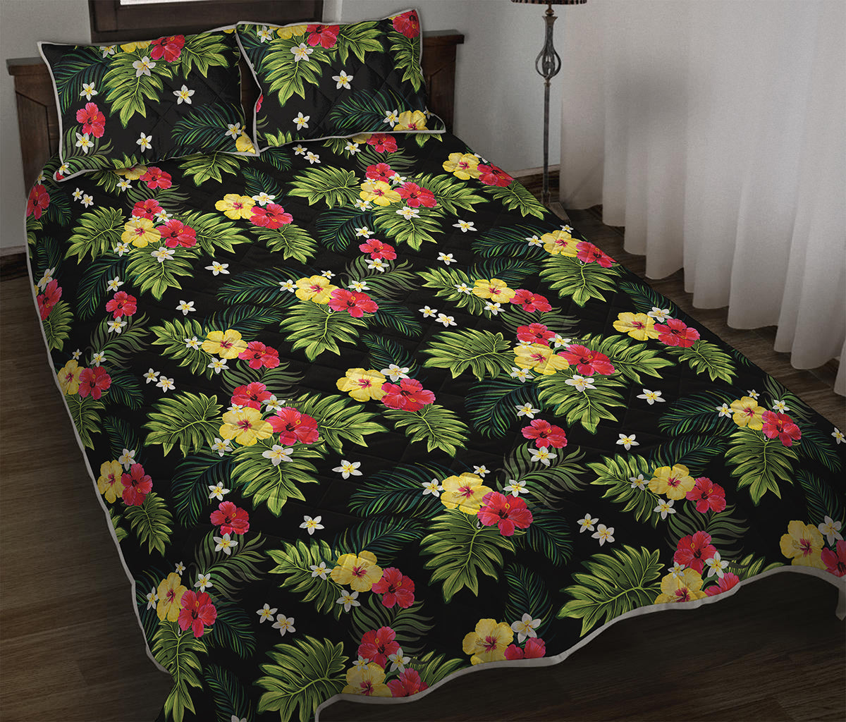 Tropical Hibiscus Aloha Pattern Print Quilt Bed Set