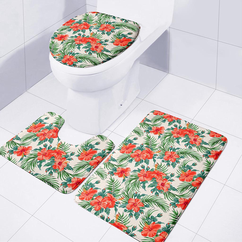 Tropical Hibiscus Blossom Pattern Print 3 Piece Bath Mat Set