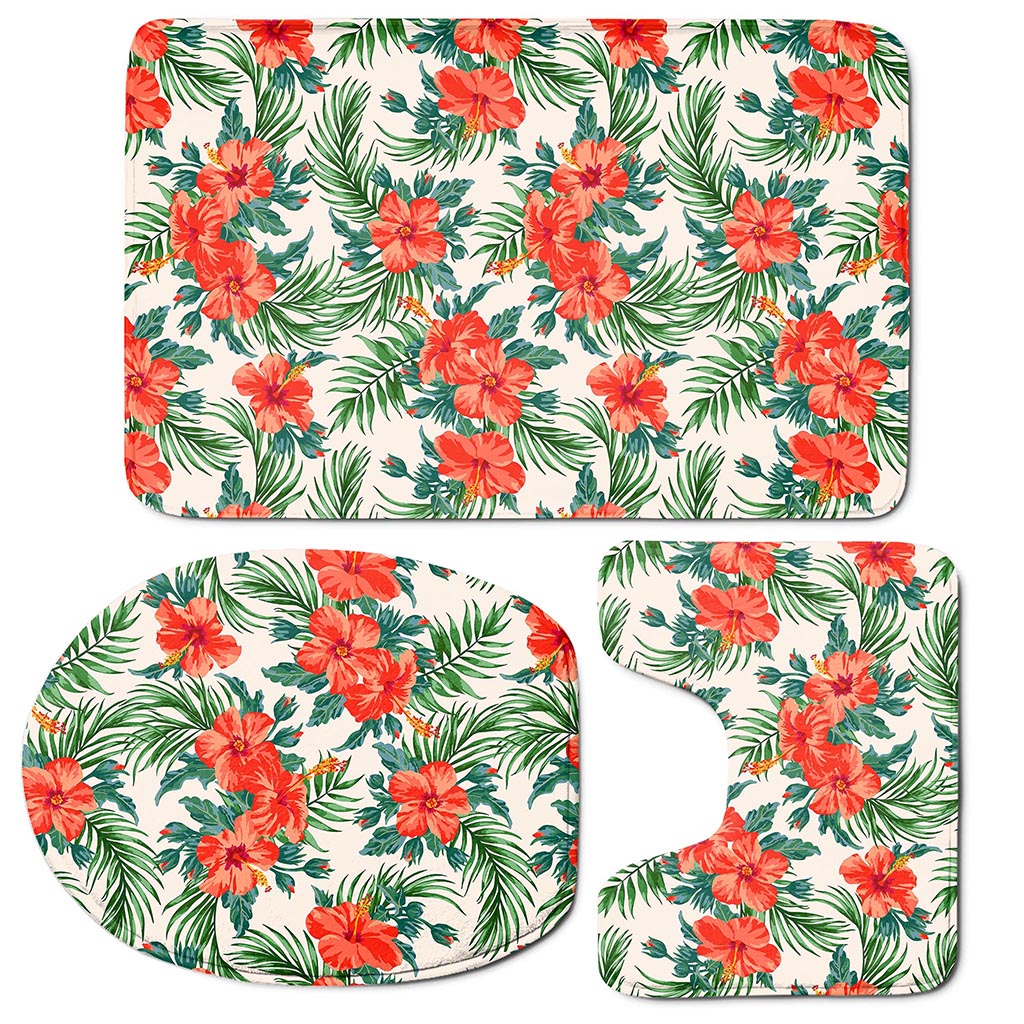 Tropical Hibiscus Blossom Pattern Print 3 Piece Bath Mat Set