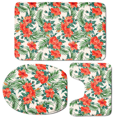 Tropical Hibiscus Blossom Pattern Print 3 Piece Bath Mat Set