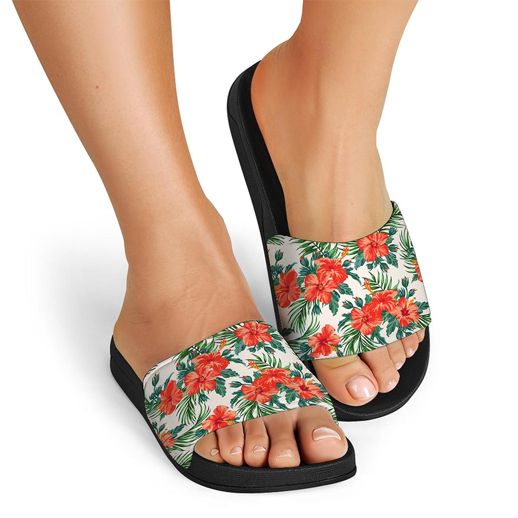 Tropical Hibiscus Blossom Pattern Print Black Slide Sandals