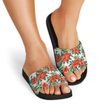 Tropical Hibiscus Blossom Pattern Print Black Slide Sandals