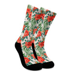Tropical Hibiscus Blossom Pattern Print Crew Socks