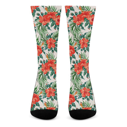 Tropical Hibiscus Blossom Pattern Print Crew Socks