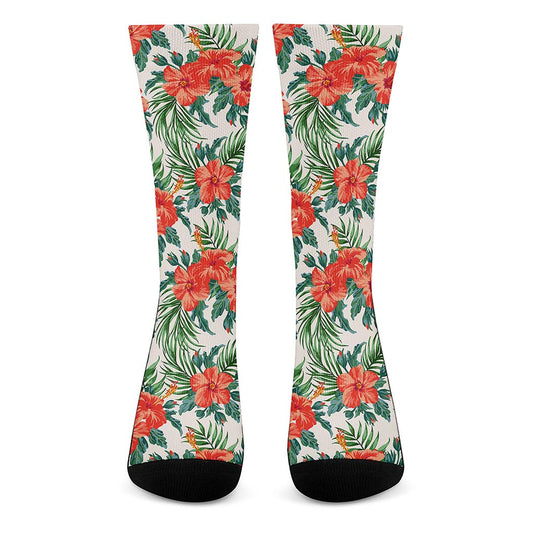 Tropical Hibiscus Blossom Pattern Print Crew Socks