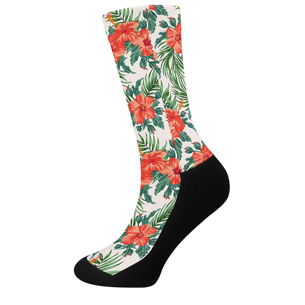Tropical Hibiscus Blossom Pattern Print Crew Socks