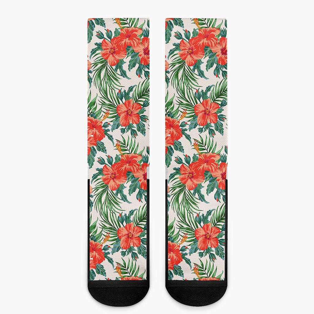 Tropical Hibiscus Blossom Pattern Print Crew Socks