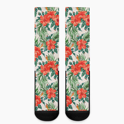 Tropical Hibiscus Blossom Pattern Print Crew Socks