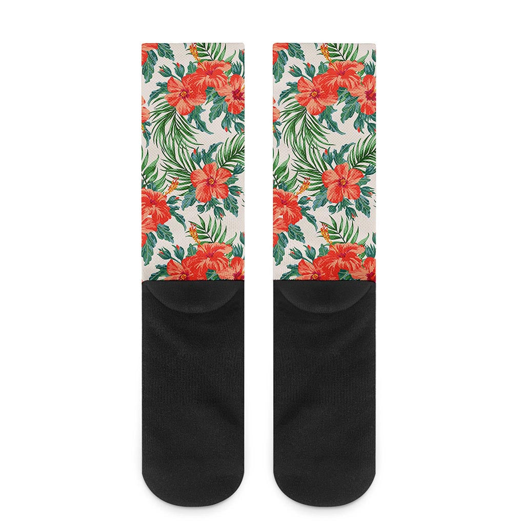 Tropical Hibiscus Blossom Pattern Print Crew Socks