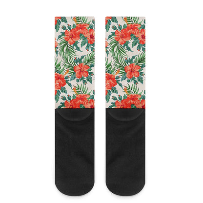 Tropical Hibiscus Blossom Pattern Print Crew Socks