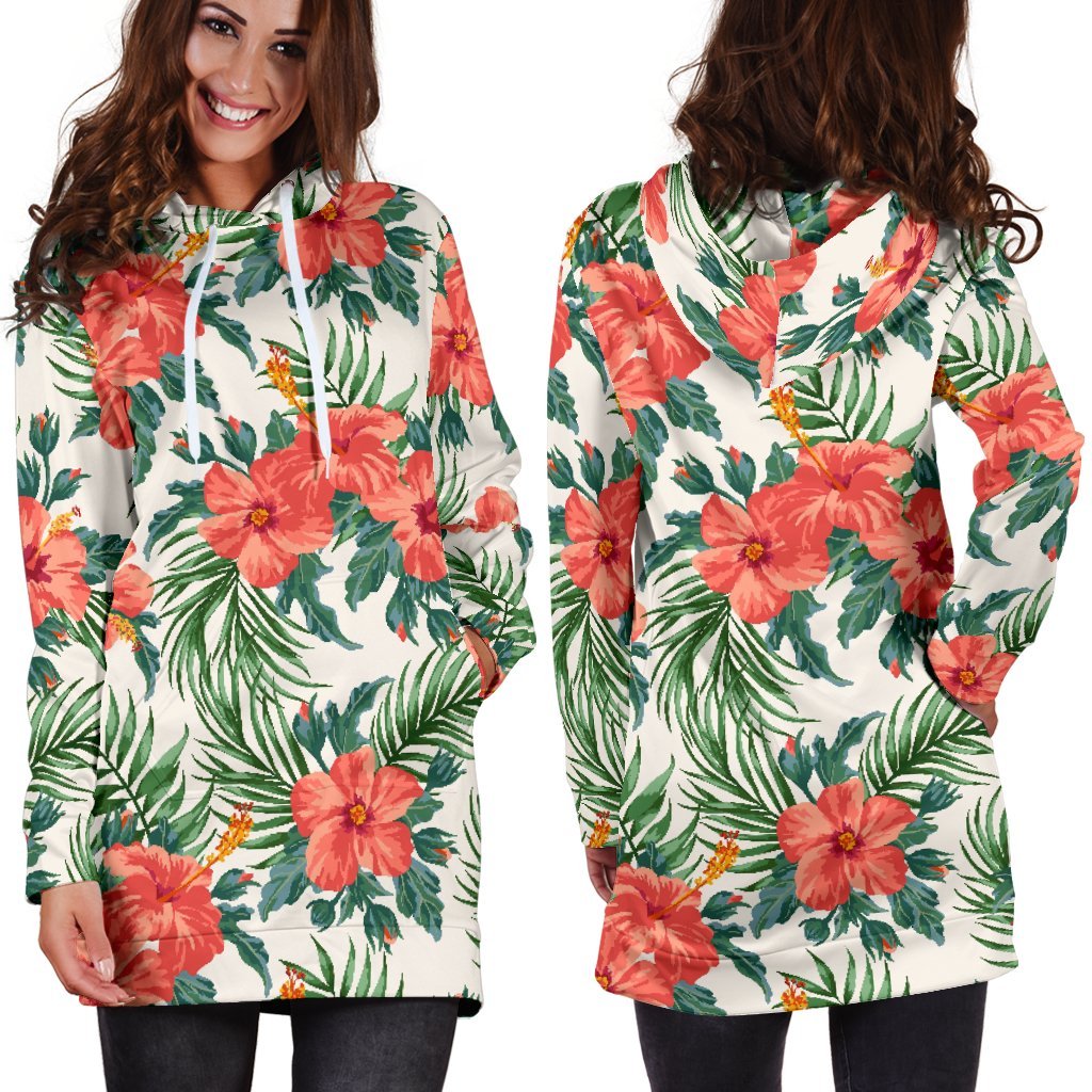 Tropical Hibiscus Blossom Pattern Print Hoodie Dress GearFrost