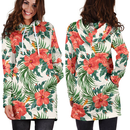 Tropical Hibiscus Blossom Pattern Print Hoodie Dress GearFrost