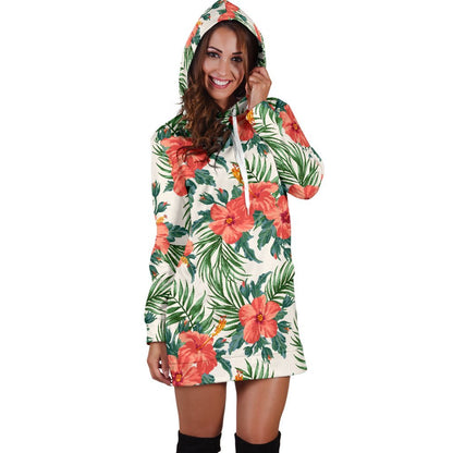 Tropical Hibiscus Blossom Pattern Print Hoodie Dress GearFrost
