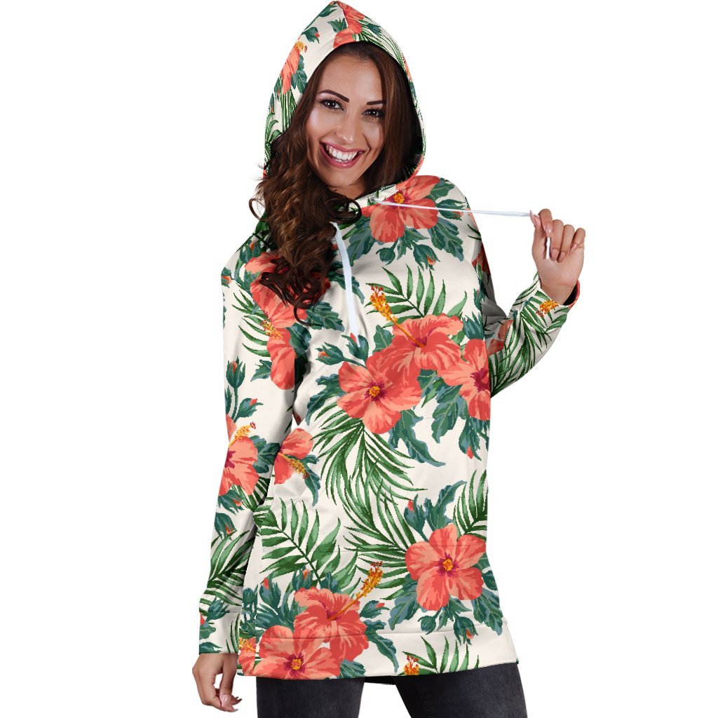 Tropical Hibiscus Blossom Pattern Print Hoodie Dress GearFrost
