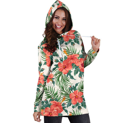 Tropical Hibiscus Blossom Pattern Print Hoodie Dress GearFrost