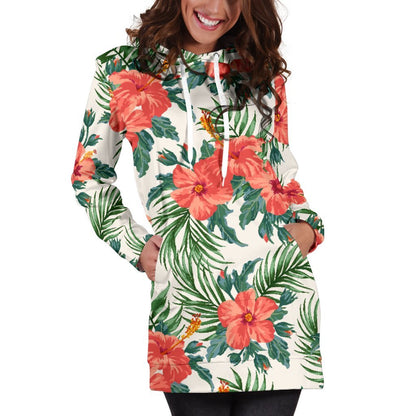 Tropical Hibiscus Blossom Pattern Print Hoodie Dress GearFrost