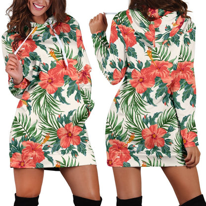 Tropical Hibiscus Blossom Pattern Print Hoodie Dress GearFrost