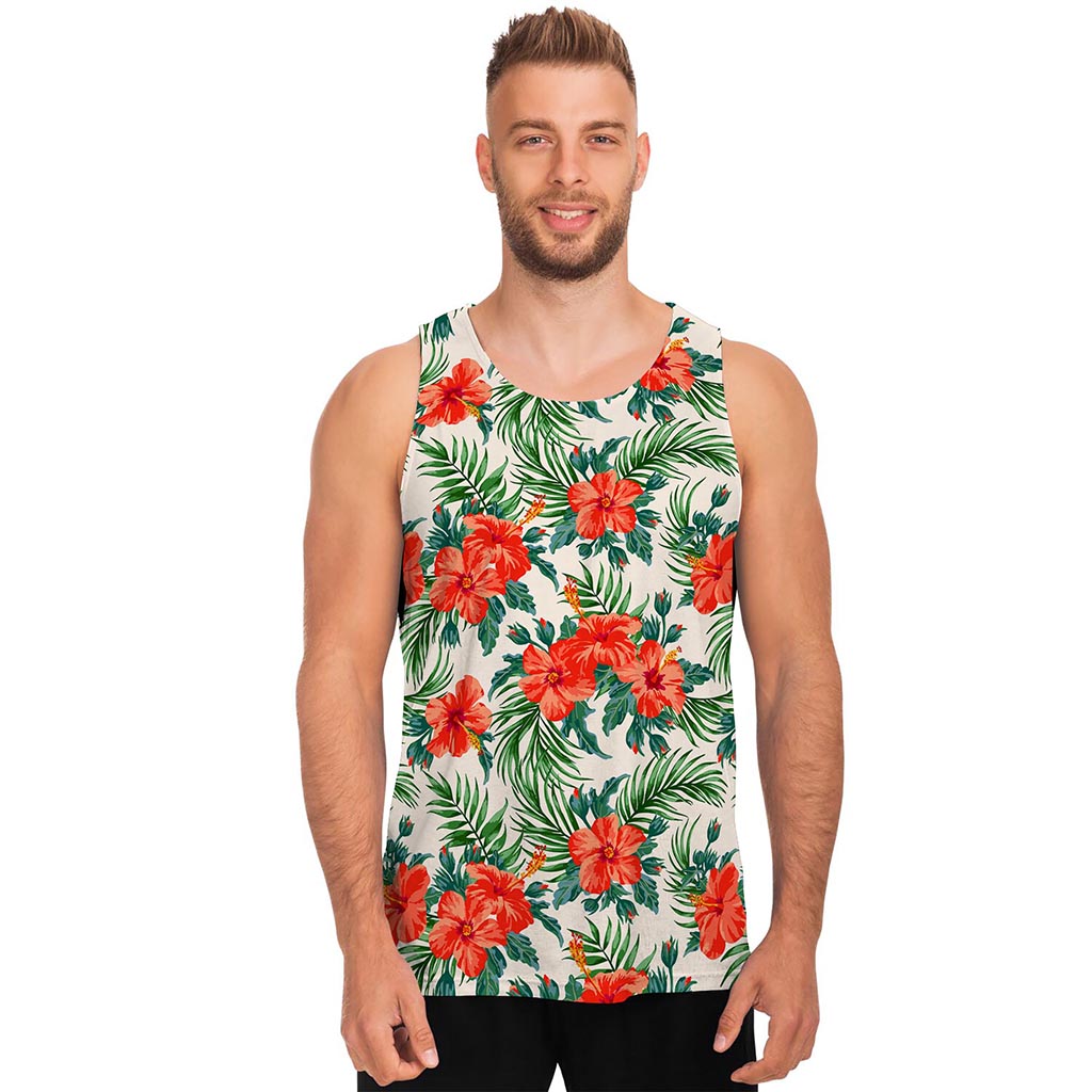 Tropical Hibiscus Blossom Pattern Print Men's Tank Top