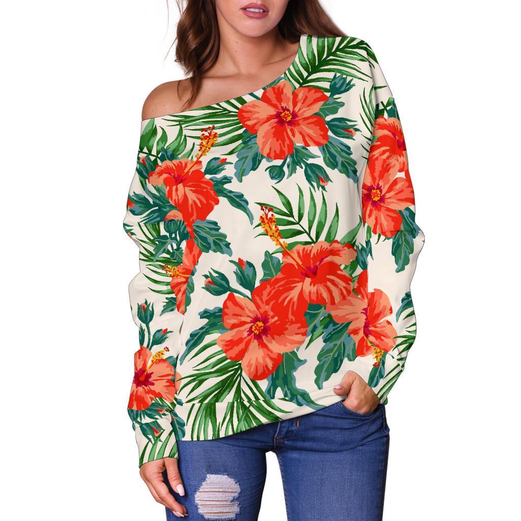 Tropical Hibiscus Blossom Pattern Print Off Shoulder Sweatshirt GearFrost