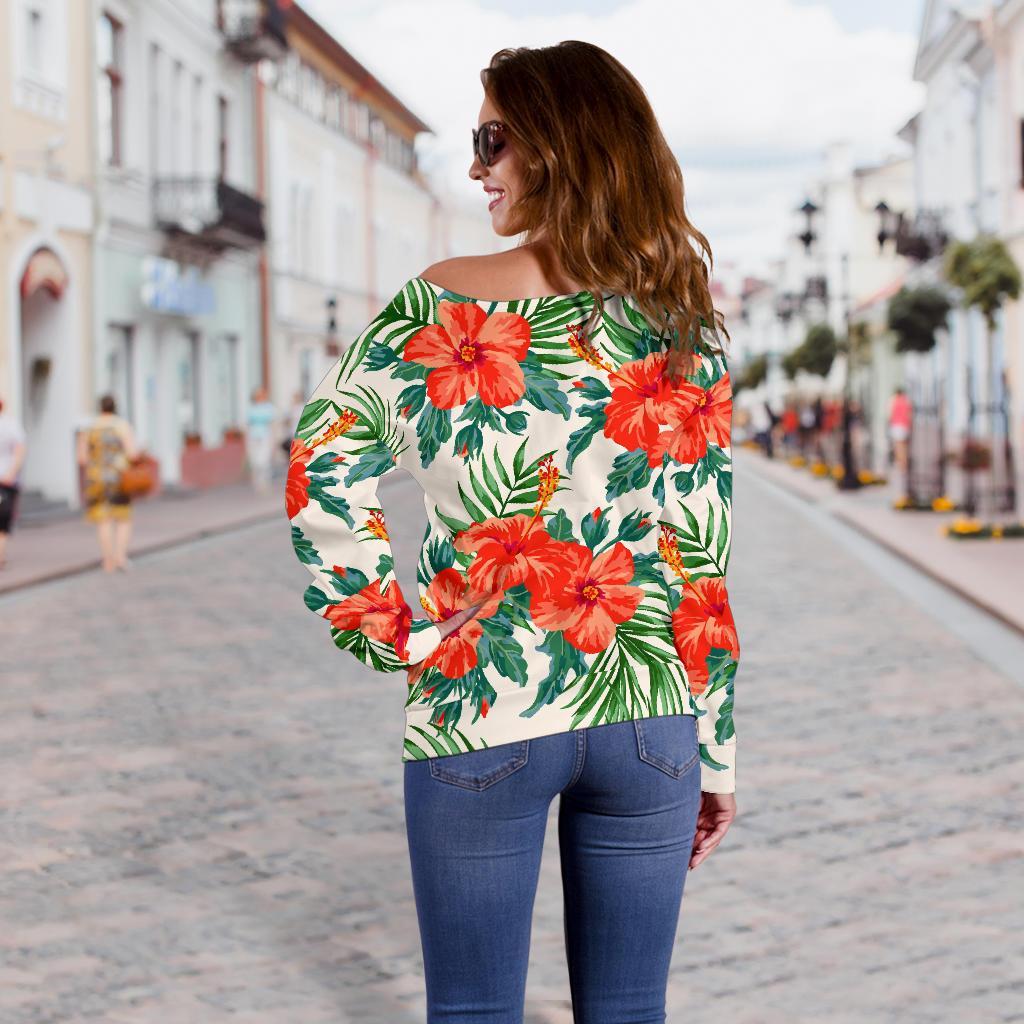 Tropical Hibiscus Blossom Pattern Print Off Shoulder Sweatshirt GearFrost