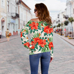 Tropical Hibiscus Blossom Pattern Print Off Shoulder Sweatshirt GearFrost