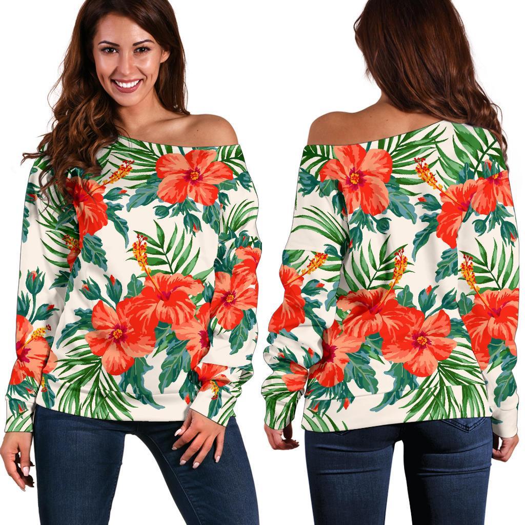 Tropical Hibiscus Blossom Pattern Print Off Shoulder Sweatshirt GearFrost