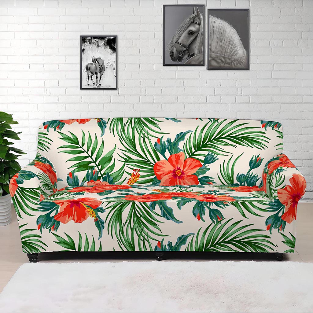 Tropical Hibiscus Blossom Pattern Print Sofa Cover