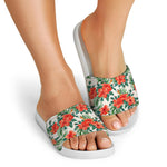 Tropical Hibiscus Blossom Pattern Print White Slide Sandals