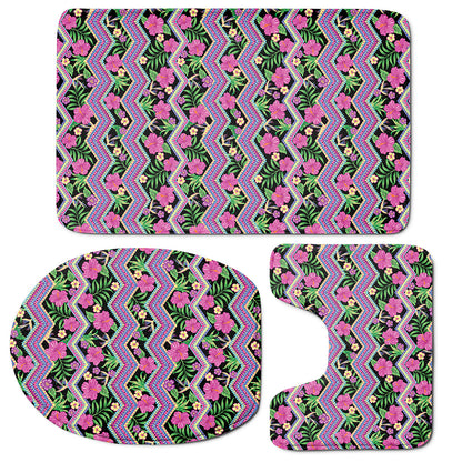 Tropical Hibiscus Flowers Aztec Print 3 Piece Bath Mat Set