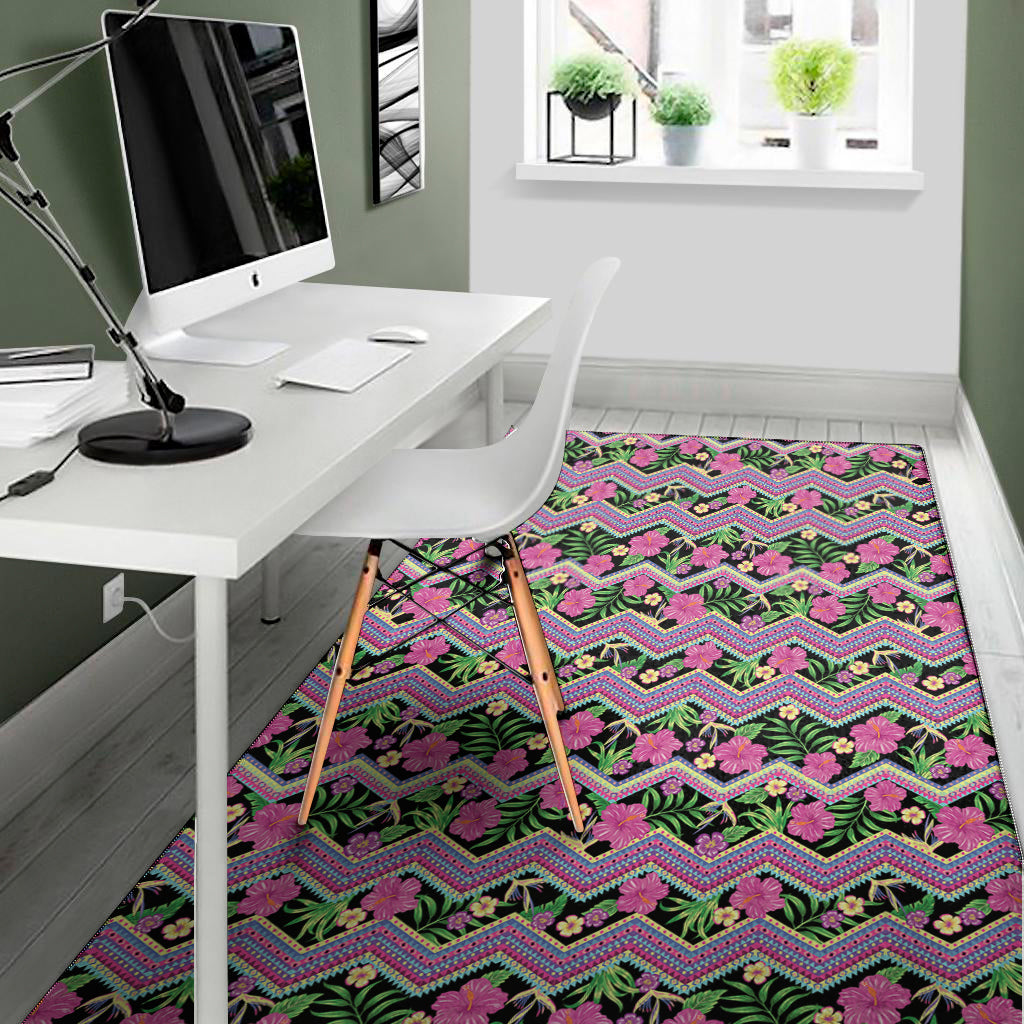 Tropical Hibiscus Flowers Aztec Print Area Rug