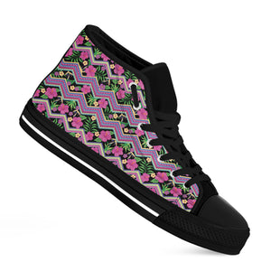 Tropical Hibiscus Flowers Aztec Print Black High Top Shoes